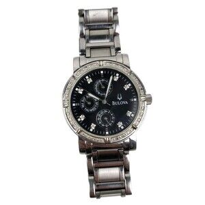 Bulova Watch Men 39mm Black Dial Silver Tone Daydate Round Diamonds 96E04